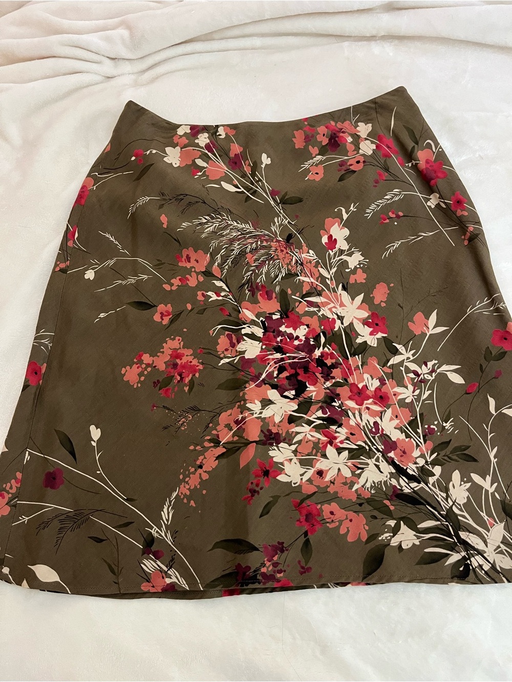 LOFT Olive A-Line Skirt with Pink & Cream Floral Print
